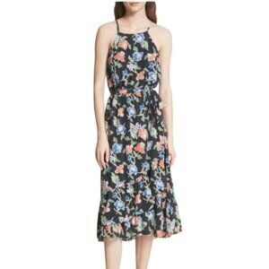 Joie Deme Black Sleeveless Floral Print 100% Silk Midi Dress - Small